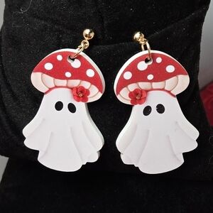 Ghost Mushroom Earrings Red Rose Acrylic Spooky Cute Gothcore Jewelry Whimsical